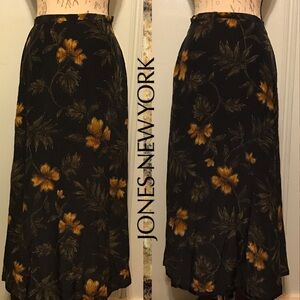 JONES NY Blk/Orange Floral Print Silk Maxi Skirt